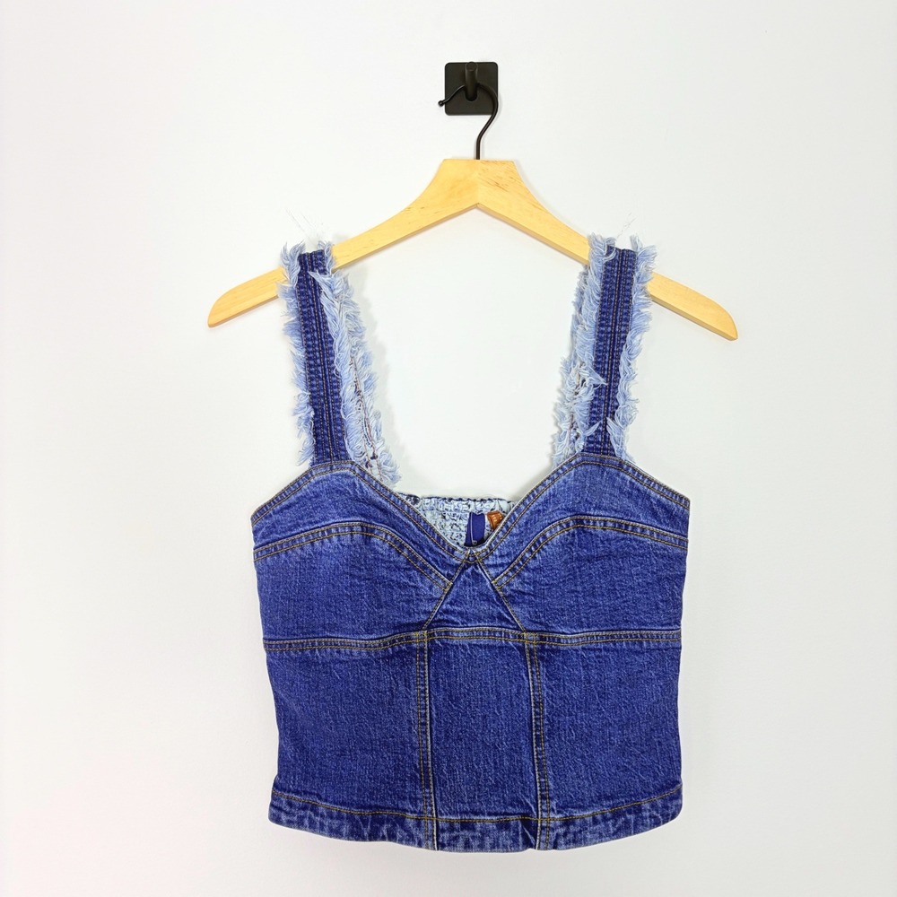 Pilcro Anthropologie Denim Corset Tank Top Vest Blue Frayed Straps Size 4 NEW - Picture 2 of 7